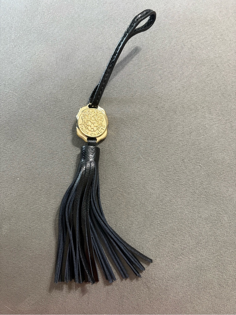 Vince Camuto Logo Bag Charm Gold Tone and Genuine Black Leather